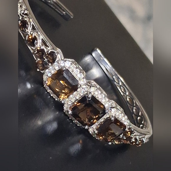 Smokey Quartz & Zirchon Open Cuff Sterling Silver Bracelet 11.10 cts - Picture 12 of 15